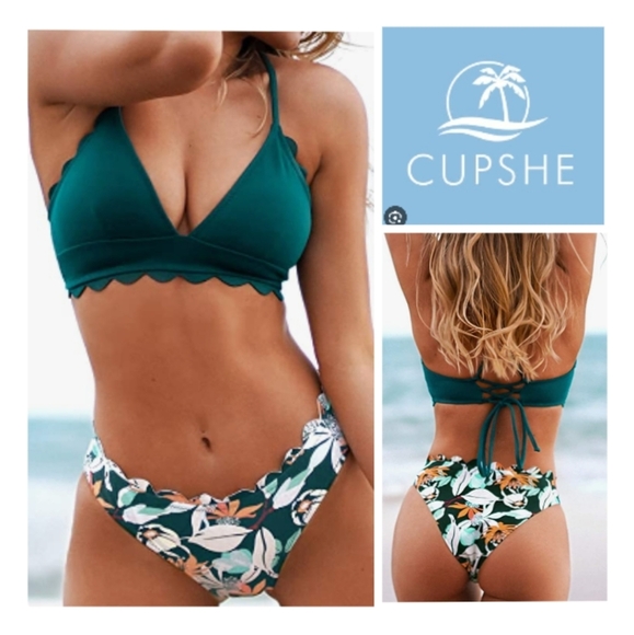 Other - 🐬CUPSHE Bikini Swimsuit Scalloped V Neck Lace Up Low Waisted Bathing Suit…